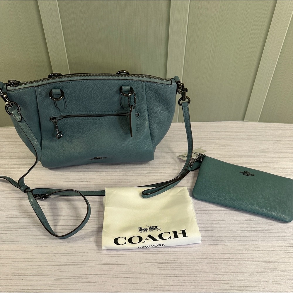 Coach Elise Satchel Blue Pebbled Leather Handbag with Pouch 79997 58399